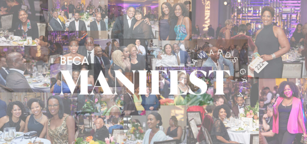 A collage of moments from a formal gala event, showcasing attendees mingling, dining, and celebrating with the words "BECA Manifest Awards Gala" overlaid.