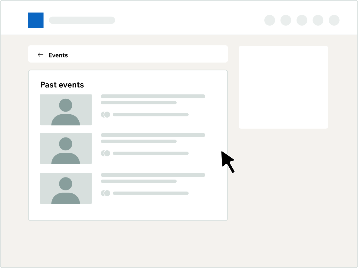 A digital illustration of a website interface displaying a list of past events with user icons and descriptions.