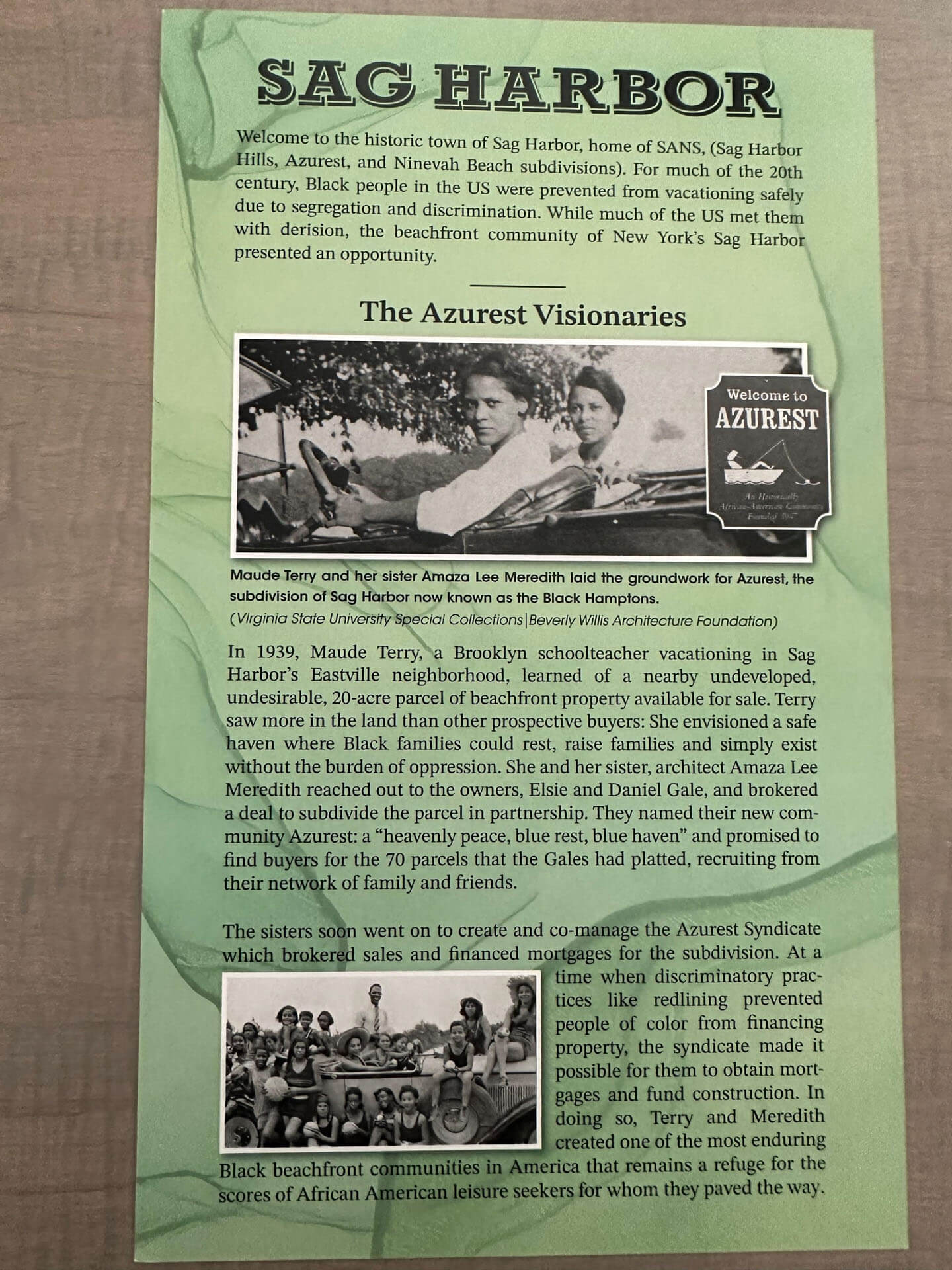 An informational flyer about Sag Harbor, highlighting the historic town's significance for African American leisure and featuring details about the Azurest Visionaries.