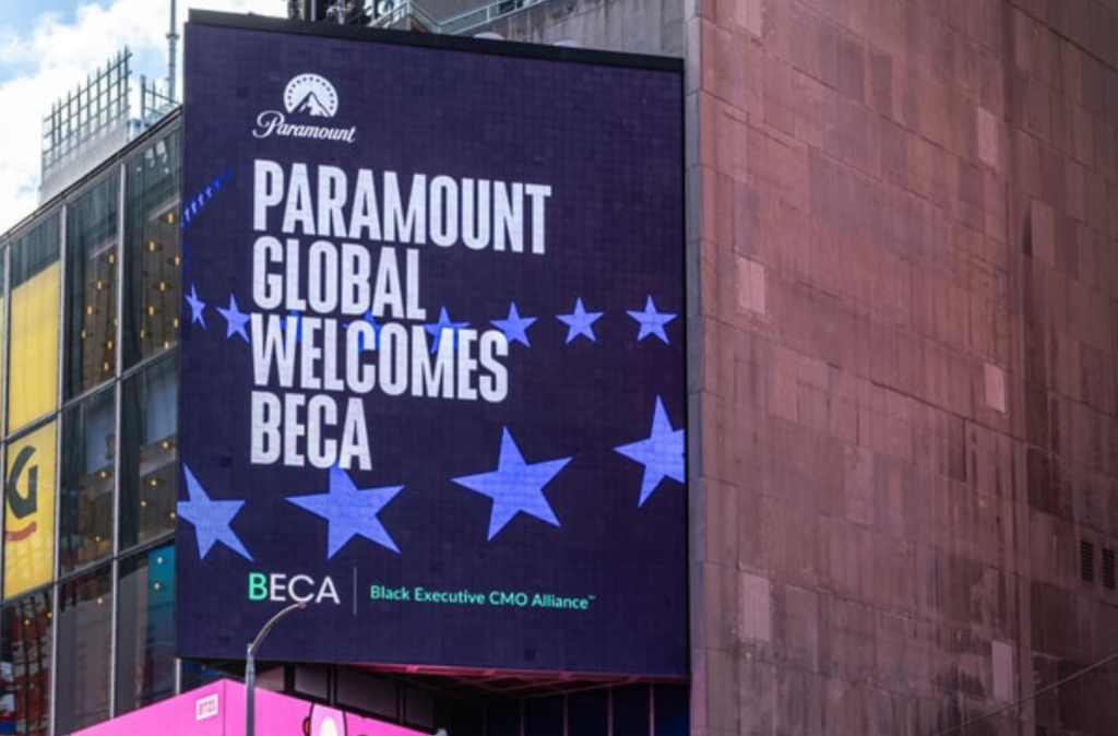 A Digital Billboard reading Paramount Global Welcomes BECA